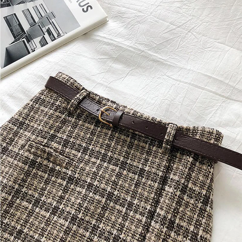 Korean High Waist Tweed Mini Skirt Women Autumn Winter Thicken Korean Slimming Plaid Skirts New Y2K Fashion Sashes A-Line Shirt