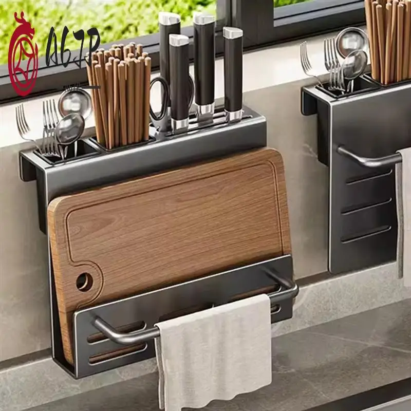 

A67P-Многофункциональная кухонная полка-органайзер с держателем для специй и ножей, бочонком для палочек для еды, необходимые кухонные аксессуары