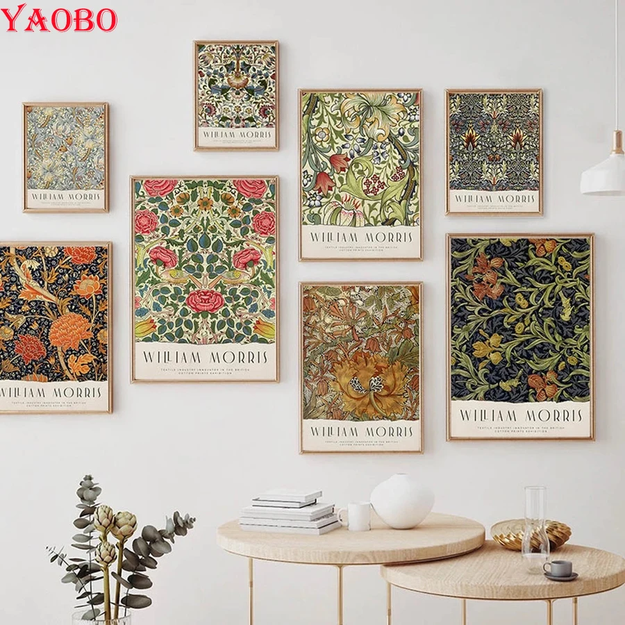 Vintage liść kwiat William Morris muzeum diamentowe malowanie dżetów hafty z koralików 5d pełna mozaika ściegu Home Decor