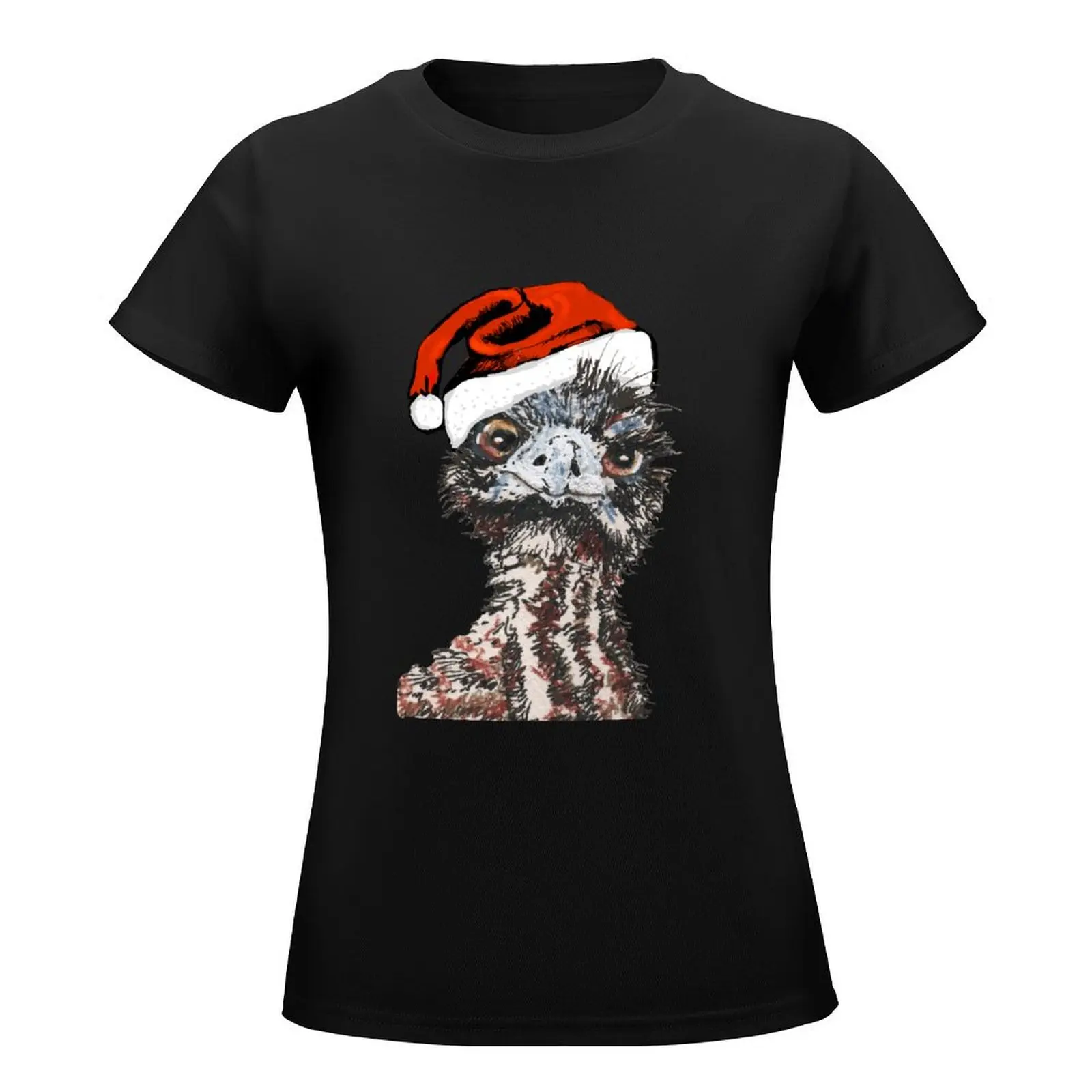 Emu chick wearing red Santa hat. T-Shirt animal print shirt for girls tees graphics Women t shirt