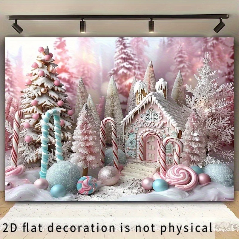 Frohe Weihnachten 2D-Flachbanner – Rosa Zuckerstange, Winterszene von Snow Wonderland mit Lebkuchenhaus und Lutscher – Polyester