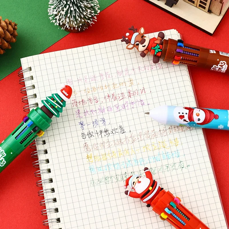 10 Colors Multi-functional Christmas Capybara Retractable Ballpoint Pen, Adorable Santa Elk Snowman Holiday Pattern Print Smooth