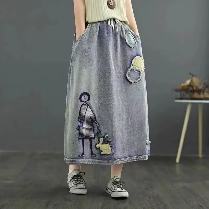 Plus Size Women Clothing Spring Autumn Denim Skirt Jeans Elastic Waist A-line Midi Skirts Vintage Harajuku Sweet Y2k Skirt Trend