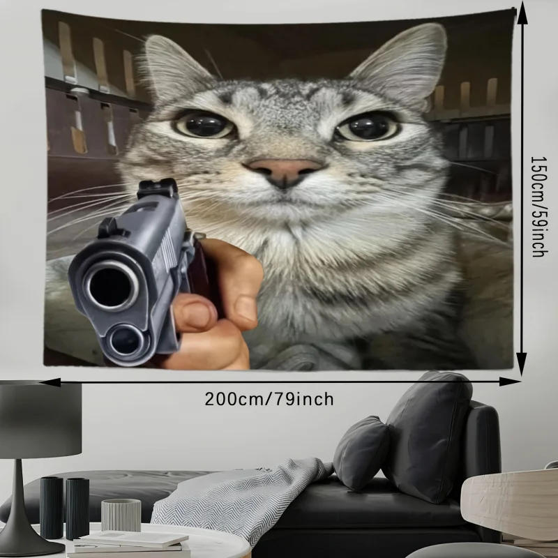 VIKAMA Wandbehang mit schelmischer Katze und Pistole, Wandbehang, Kunst, Heimdekoration, Wandteppich, geeignet für Wohnzimmer, Schlafzimmer, Heimdekoration
