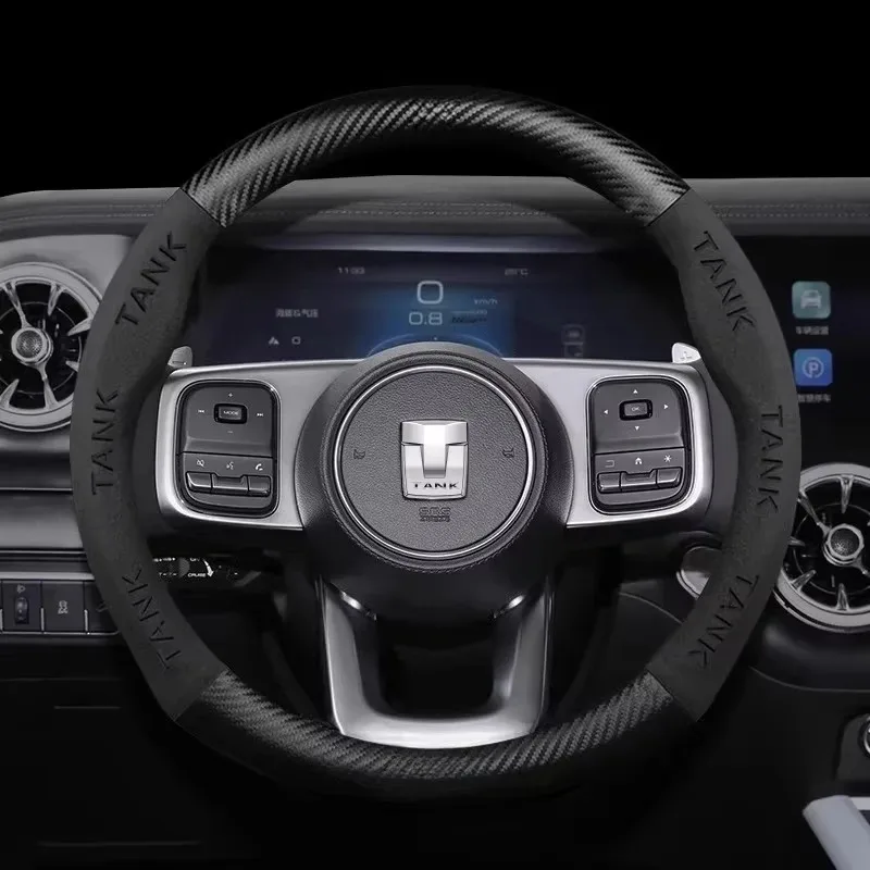 φ38cm For Great Wall Tank 300/500 Steering Wheel Sleeve with Suede Carbon Fiber Leather Anti-Slip Conversion Accessories