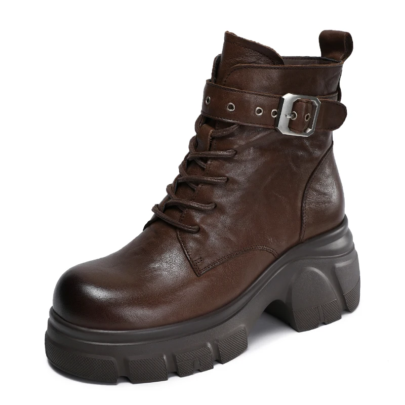 DRKANOL Women Height Increasing Ankle Boots Retro Style Genuine Cow leather Thick High Heel Autumn Winter Warm Platform Boots