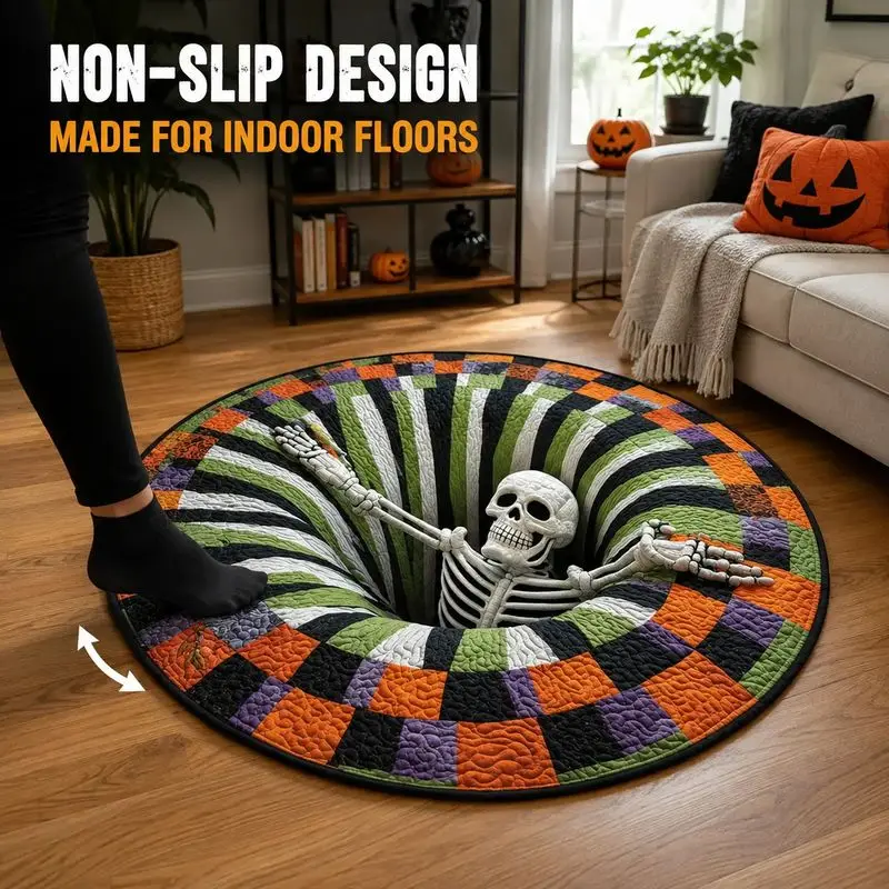 VIKAMA Halloween Round Rug Welcome To The Vortex Skeleton Area Rug Living Room Holiday Home Decor Aesthetic Art Premium