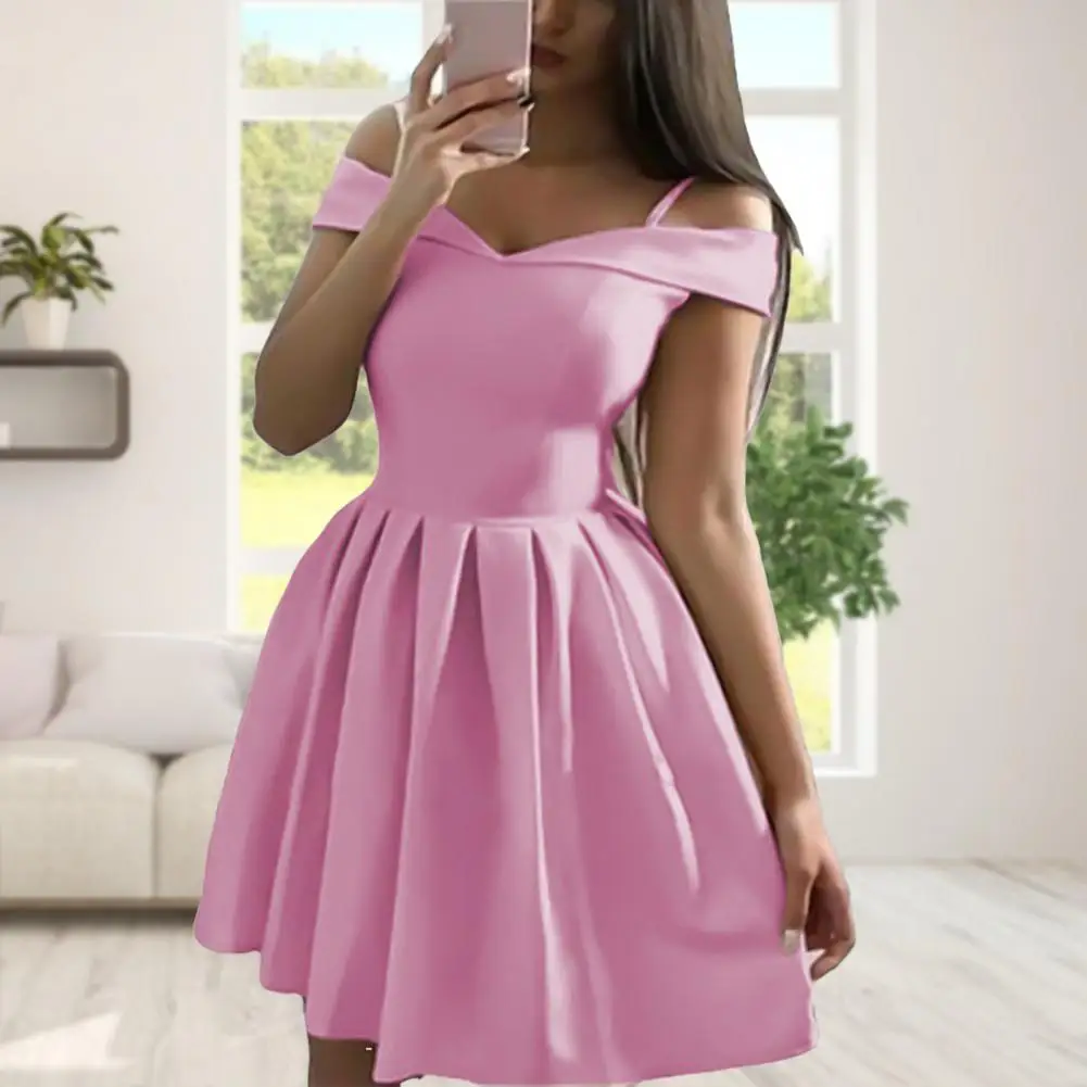 Fashion Women Summer Solid Color A-Line Dress Irregular Design Belt Decor O-Neck Flare Short Sleeve High Waist Slim Dress