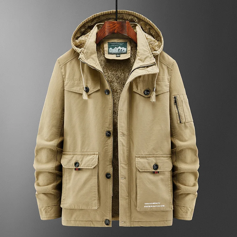 Winter Cotton-padded Men's Tooling Jacket Medium And Long Men's Large-size Coat Warm And Thicker