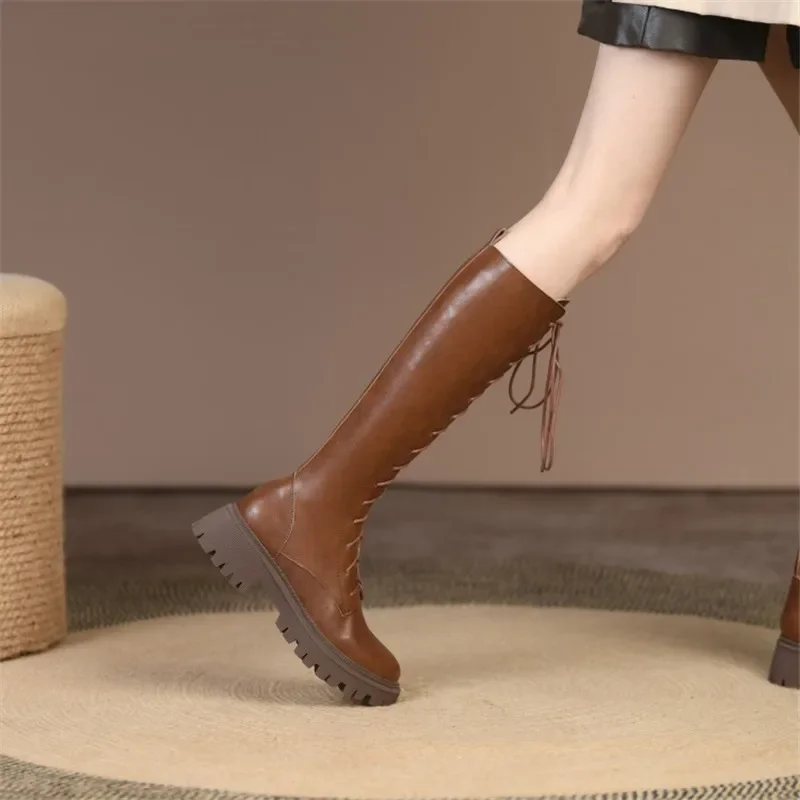 New Winter Knee-High Boots Split Leather Women Boots Chunky Heel Platform Shoes for Women Lace Women Shoes Knight Boots Woman