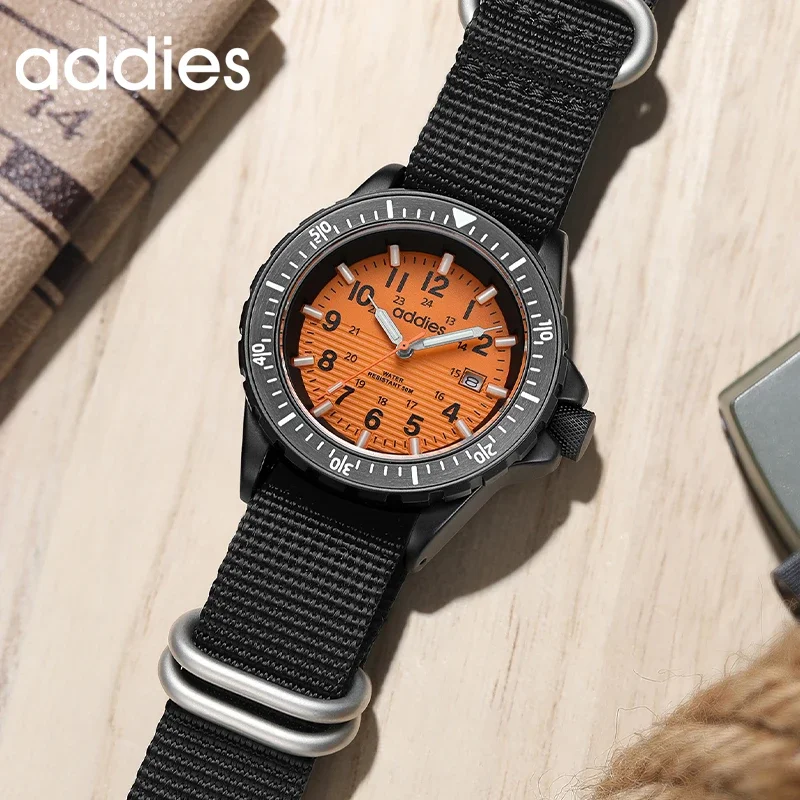 ADDIES Military Outdoor Sports Men's Quartz Watch 50M Water Resistance 41mm Nylon Strap Tubular Luminous Display Male Wristwatch