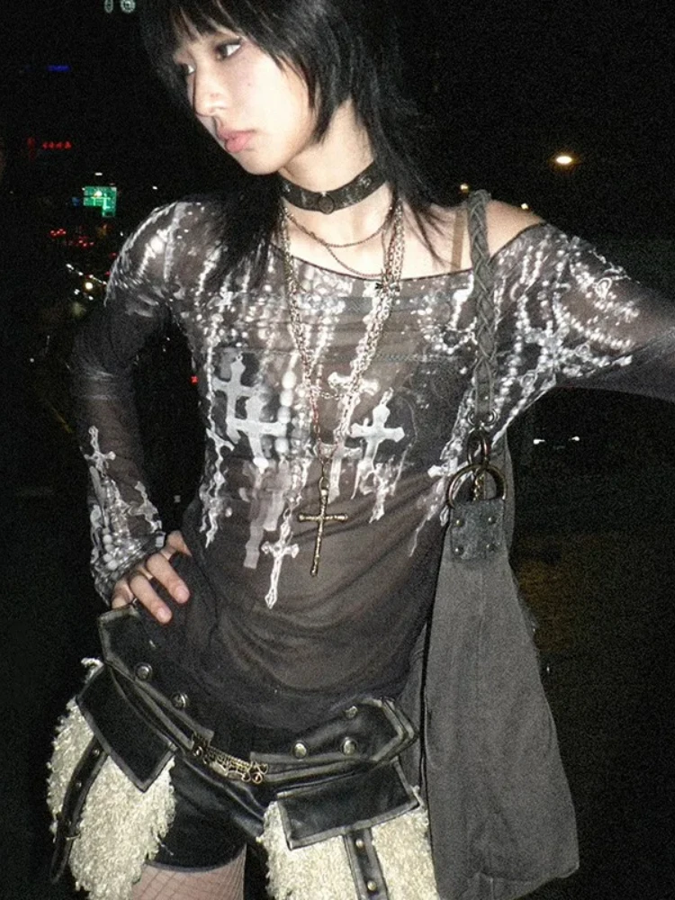 

Japanese Vintage Aesthetics Tops Women Y2k Print Tops Long Sleeve T-shirt Gothic Retro O-neck Tops American Fashion Summer