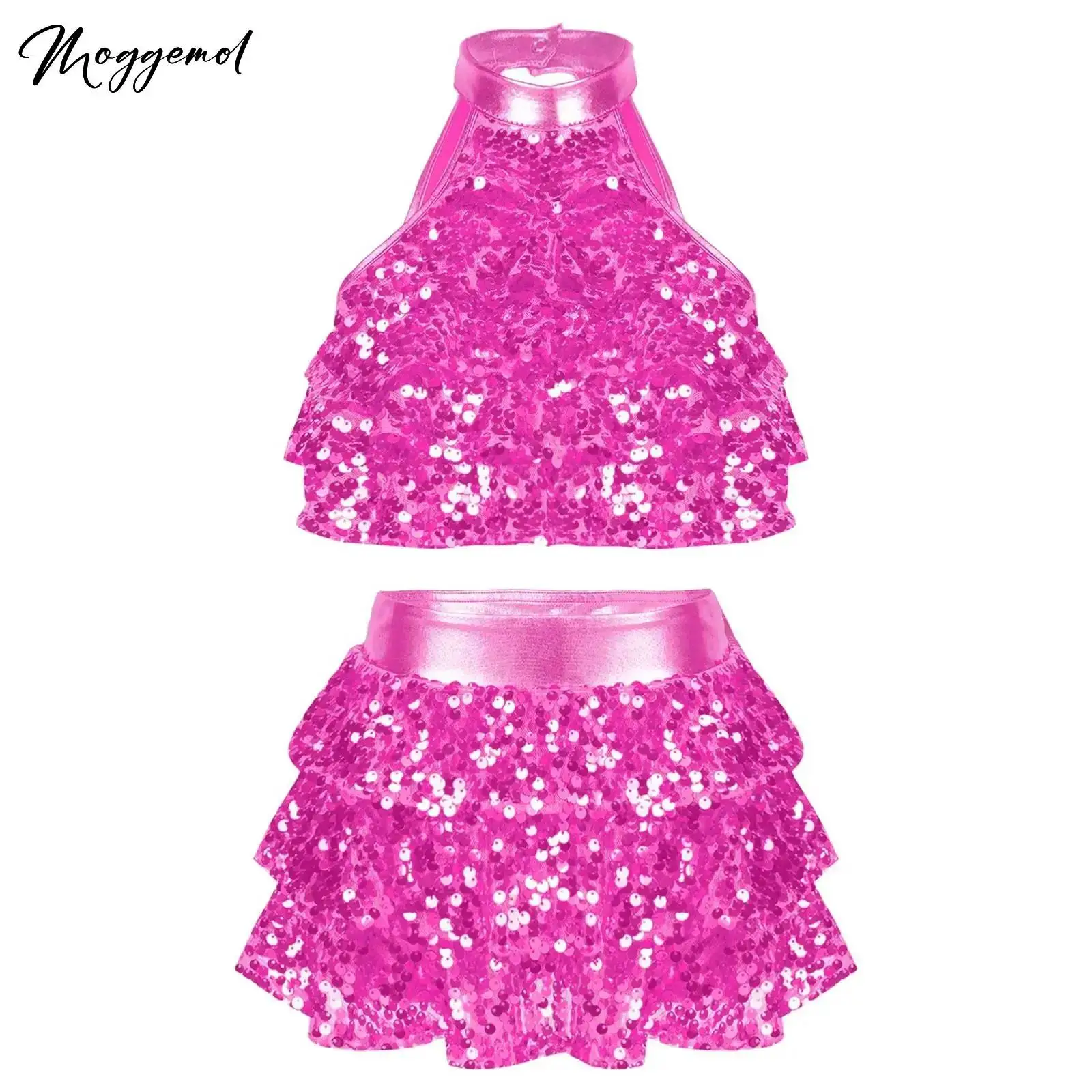 Kids Girls Jazz Dance Costume Shiny Sequined Crop Top with Skirt Lyrical Dancing Dress Ballroom 2 Pieces Modern Dance Outfits