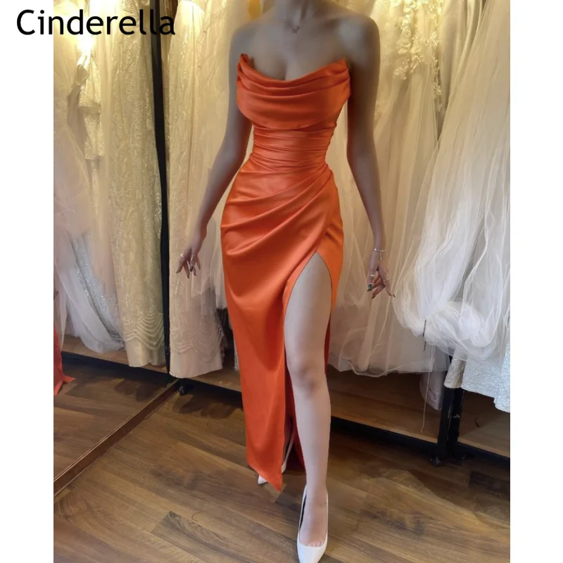 

Orange Prom Dresses Scoop Sleeveless Mermaid Side Slit Satin Prom Dresses With Lace Up Back vestidos de fiesta de noche Newest