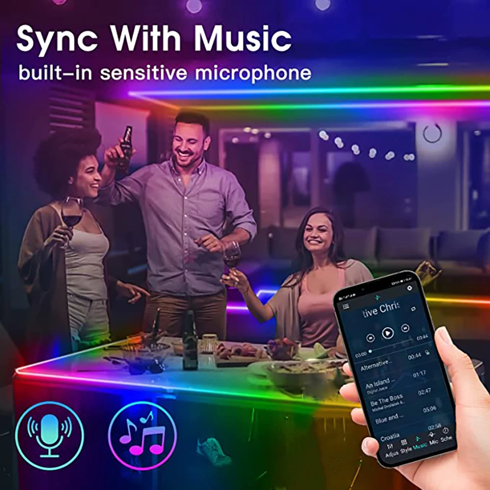 RGBIC LED Strips 2.5M-7.5M Bluetooth App Control Music Sync LED Light With Remote Control For Game Room Party Interior Decor