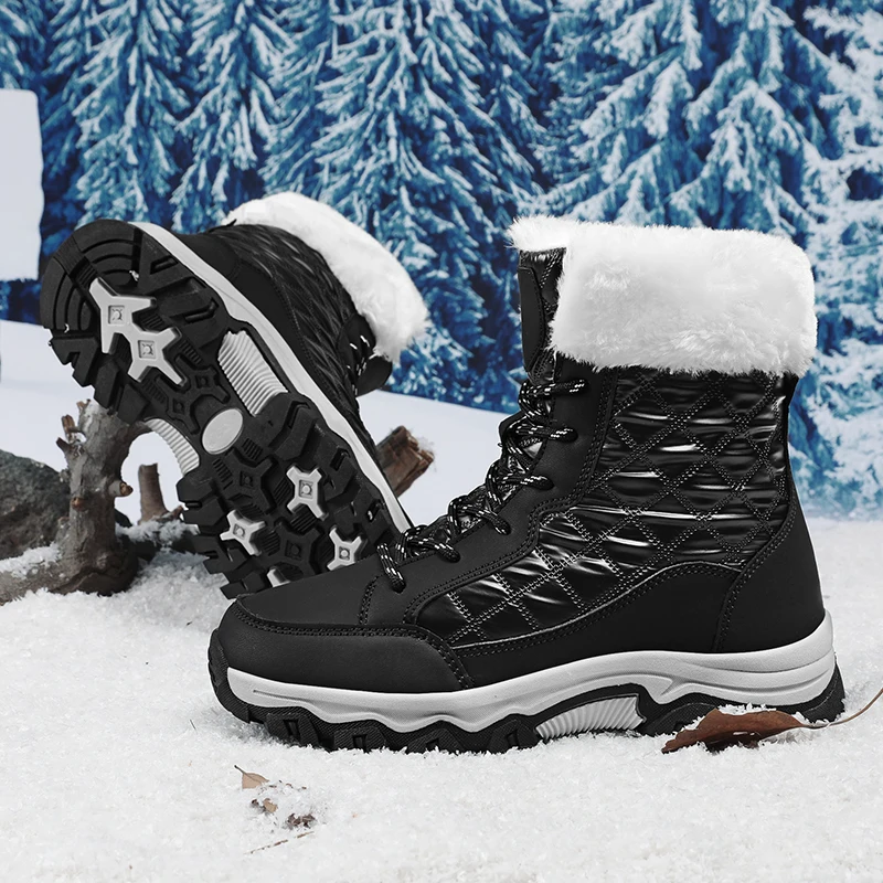 Waterproof and Warm Down fabric Snow Boots Women plush Antiskid Lady Outdoor Ankle Boots big size Mid-Calf Winter Boots Black