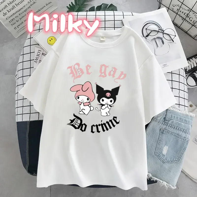 Punk gotik Kuromi baskı kısa kollu melodi tişört kadın üstleri yaz streetwear o-boyun Harajuku karikatür Tshirt kızlar ezmek Tee