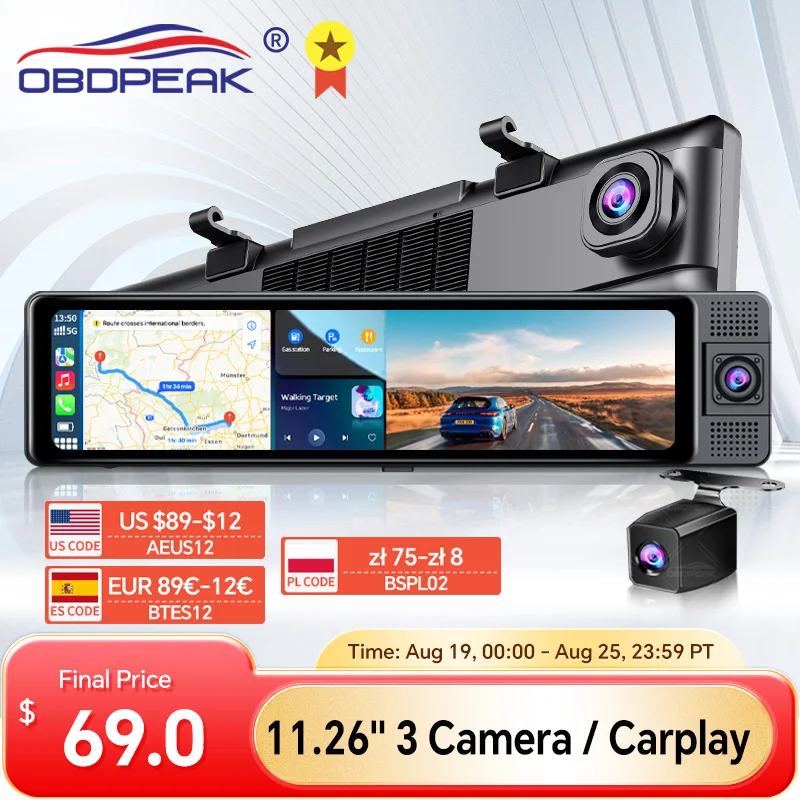 3 Cameras Dash Cam Carplay Android Auto 2.5k 2560*1440P Rearview Mirror Video Recording WIFI Loop Record Gps Navigation Car DVR