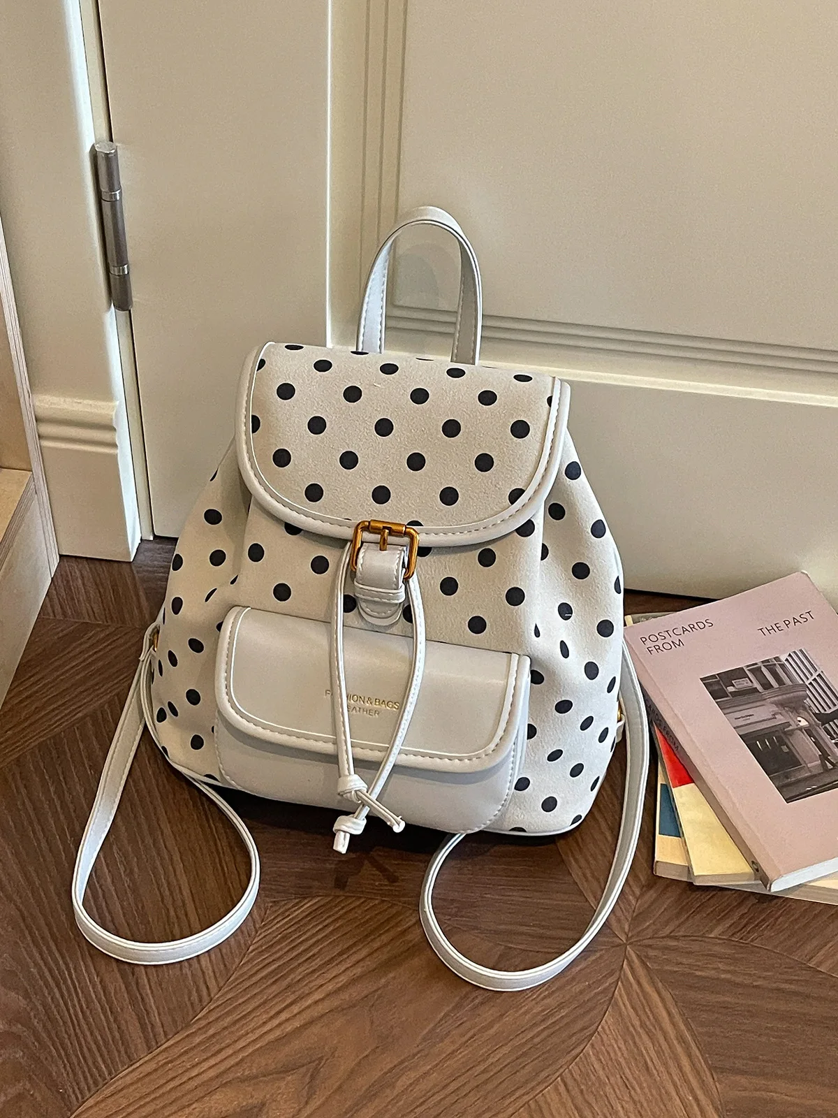 Multi Color Polka Dot Spliced Leather Backpack Vintage Drawstring Handbag Girls Commute Shopping Light Mini Rucksack