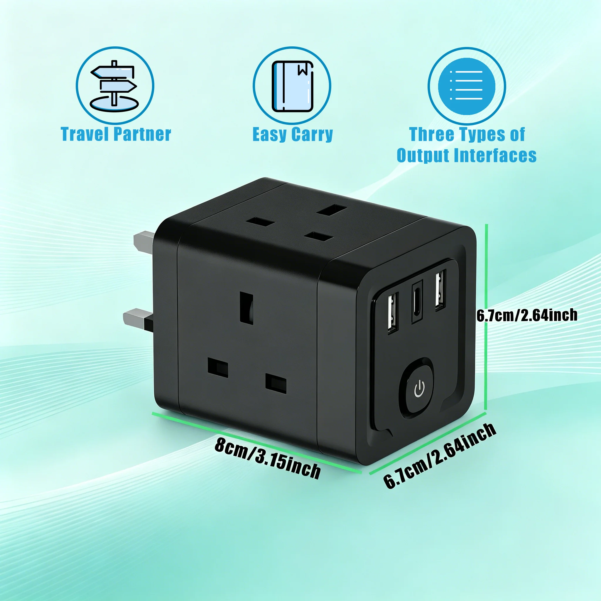 UK Multi-outlet Wall Adapter 3120W Max, 7-in-1 with 4 AC Outlets & 3 USB Ports (1 USB-C & 2 USB-A), Travel Charger, Plug Adapter
