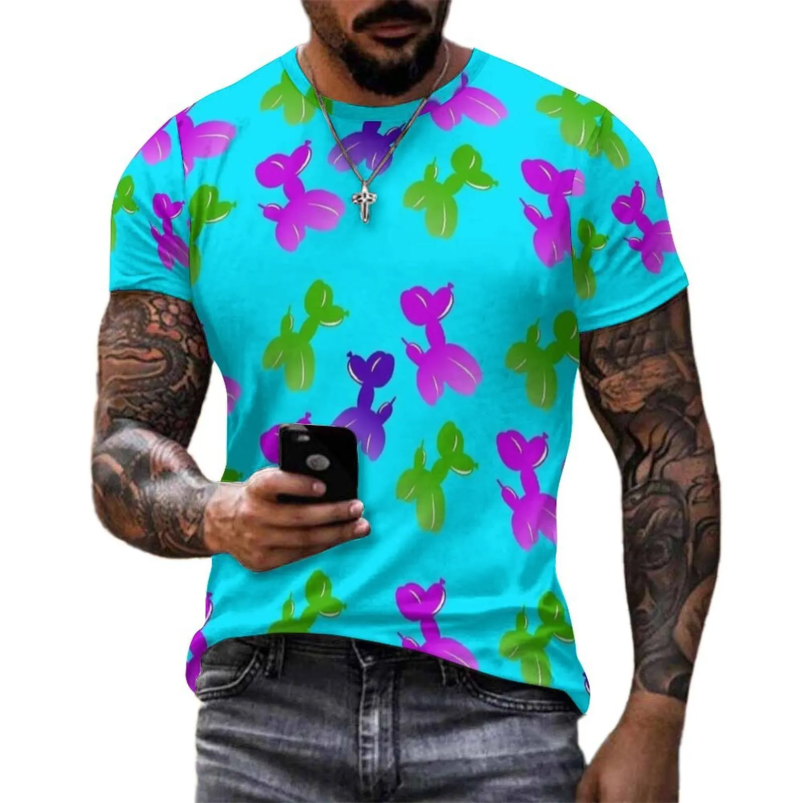 Summer T-Shirt Purple Green Balloon Dog Cyan Print T-Shirts  Casual Cool Tees For Men Short Sleeve Custom Plus Size Tops