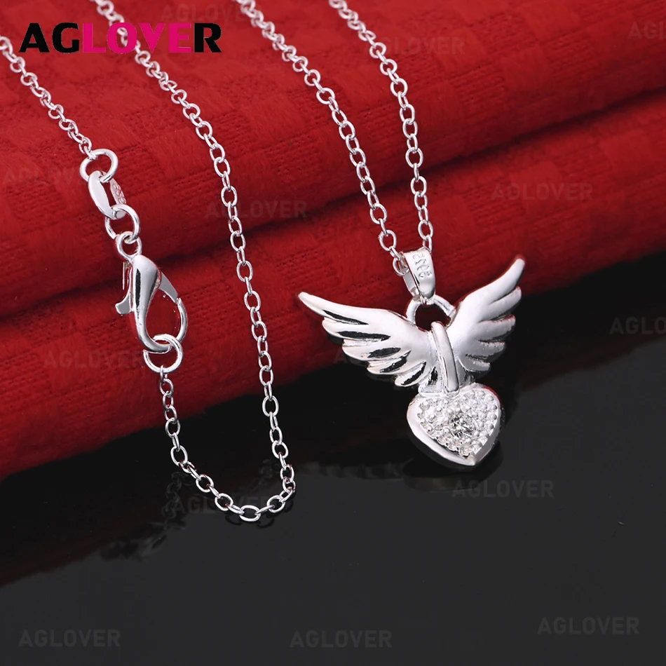 

AGLOVER 925 Sterling Silver Angel Wings Heart Pendant Necklace Women's Retro Personality Accessories Gift Jewelry