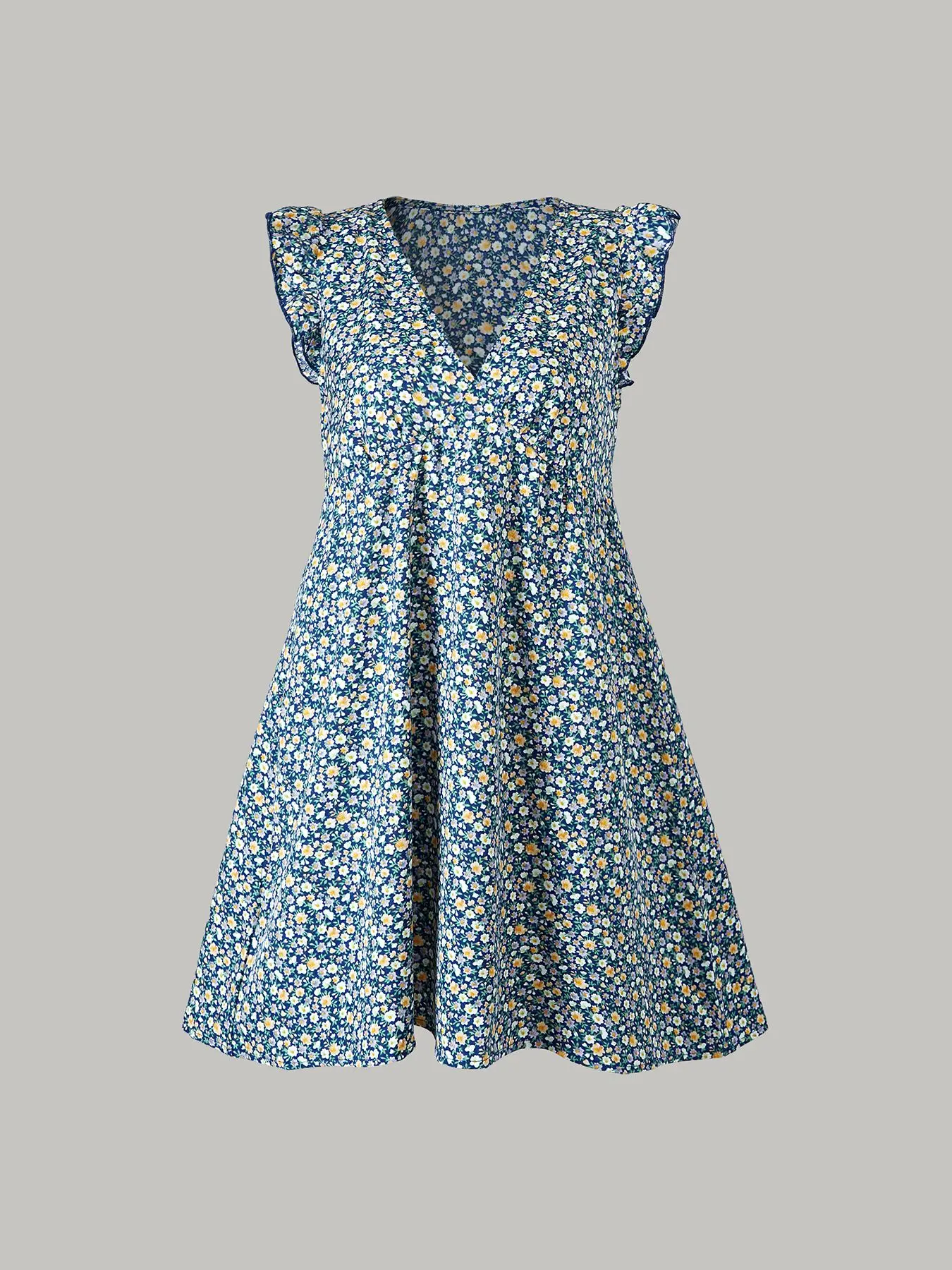 Lässiges Kleid mit V-Ausschnitt für Damen, Sommerkleid mit Blumenmuster, knielanges Urlaubskleid, elegantes Kleid mit Rüschen und kurzen Ärmeln, Boho-Kleid, Dropshipping. – Detail 1