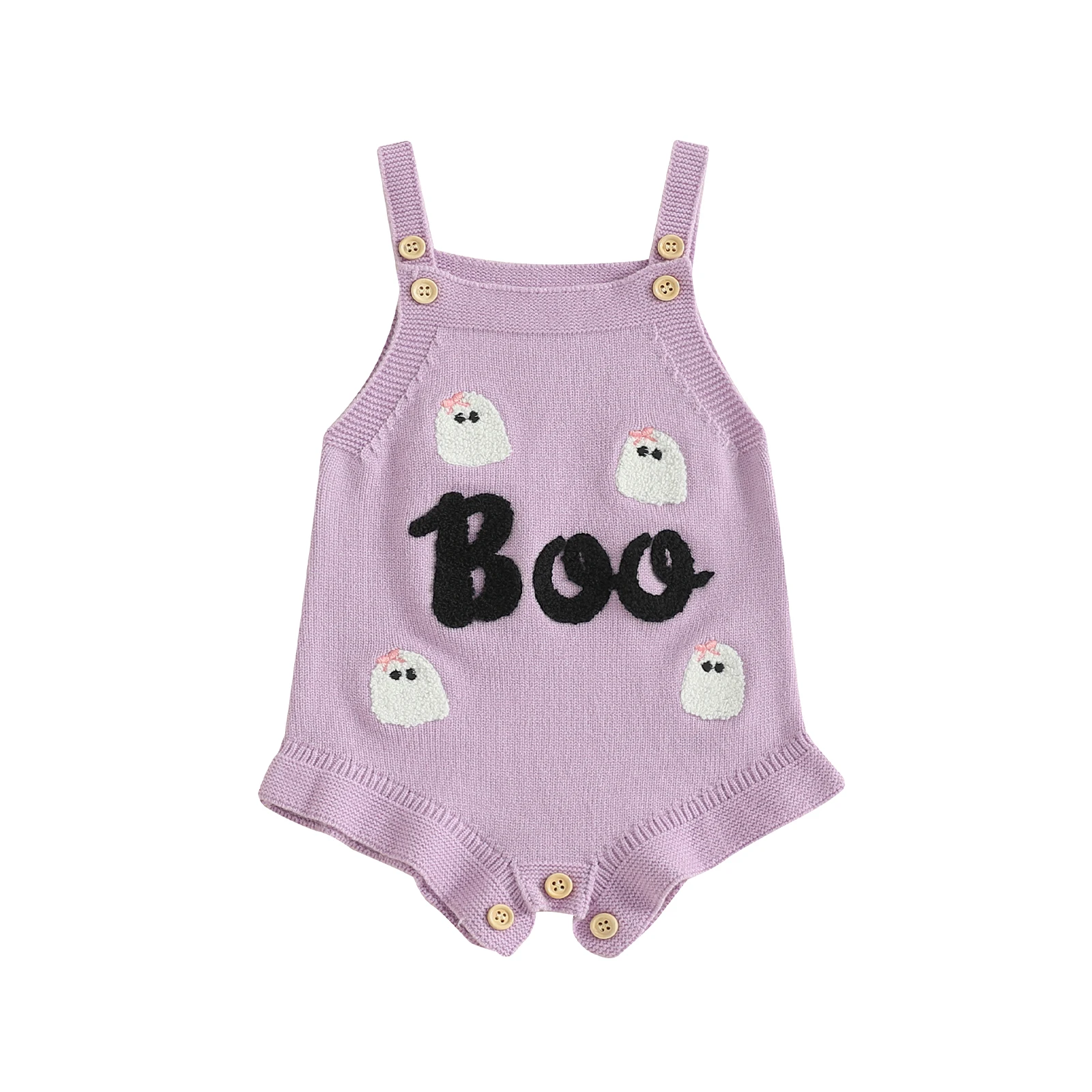 

Baby Girl Knit Romper Fashionable Halloween Ghost Embroidery Square Neck Sleeveless Ruffled Jumpsuit