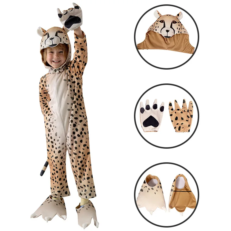 Kid\'s Cheerful Cheetah Costume Jumpsuit Children\'s Day Animal Performance Costume Boy\'s Leopard Halloween Performance Costume