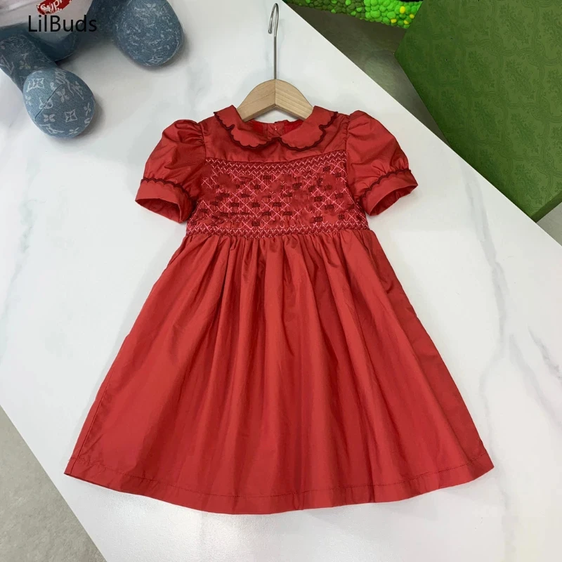 2024Kids Heavy Industry Wants Embroidered Retro Red Lapel Doll Collar Fashionable Princess Girls' Summer Dress Matching Costumes