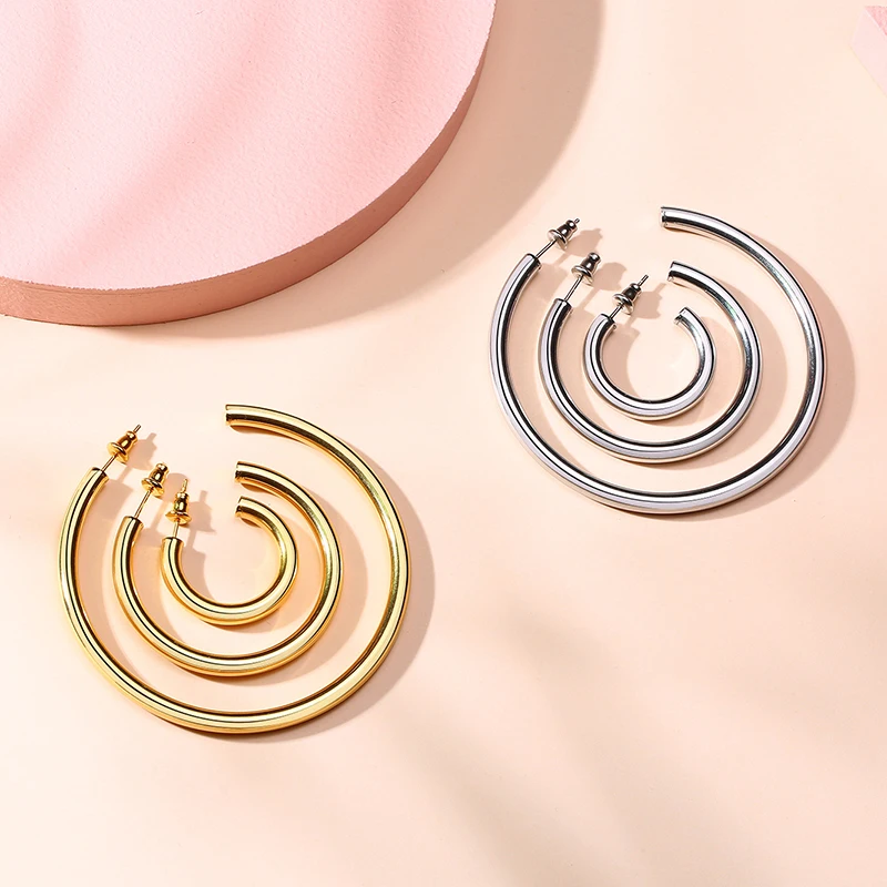 Classic Open Round Stud Earrings Brincos For Women Jewelry Simple Big Exaggeration Stainless Steel Ear Bijoux