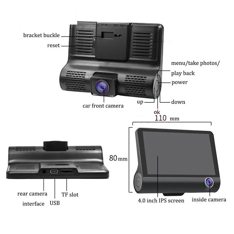 Dashcam carro dvrs 4 Polegada câmera do carro fhd 1080p gravador automático dash cam 3 lente da câmera registrador com câmera de visão traseira