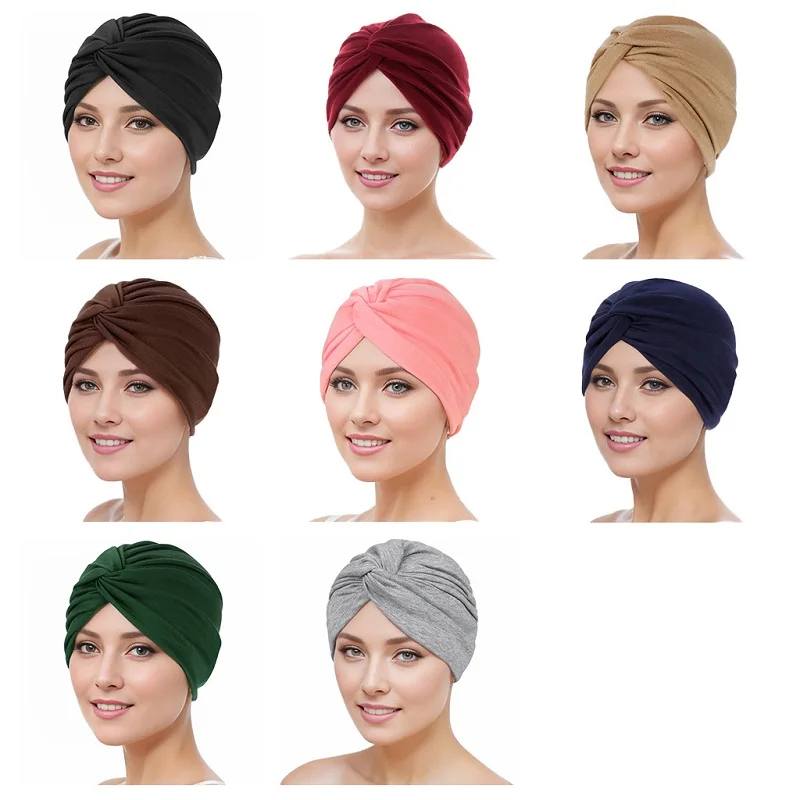 2023 Fashion Stretch Polyester Twisted Muslim Turban Cap Daily Women Popular Hair Care Bonnets