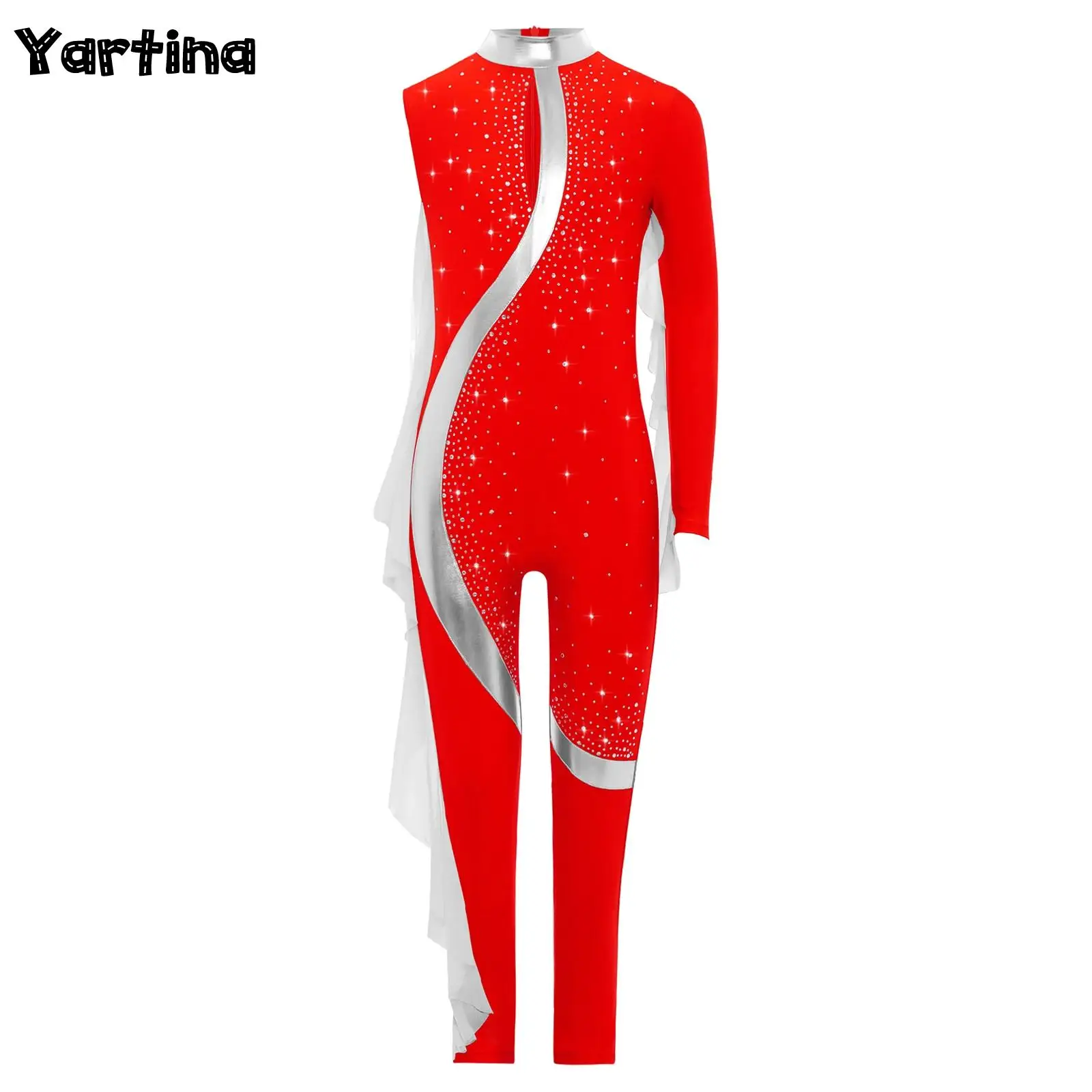 

Kids Girls Shiny Rhinestones Acrobatics Gymnastics Figure Skating Ballet Dance Bodysuit Sheer Mesh Leotard Ruffles Jumpsuit