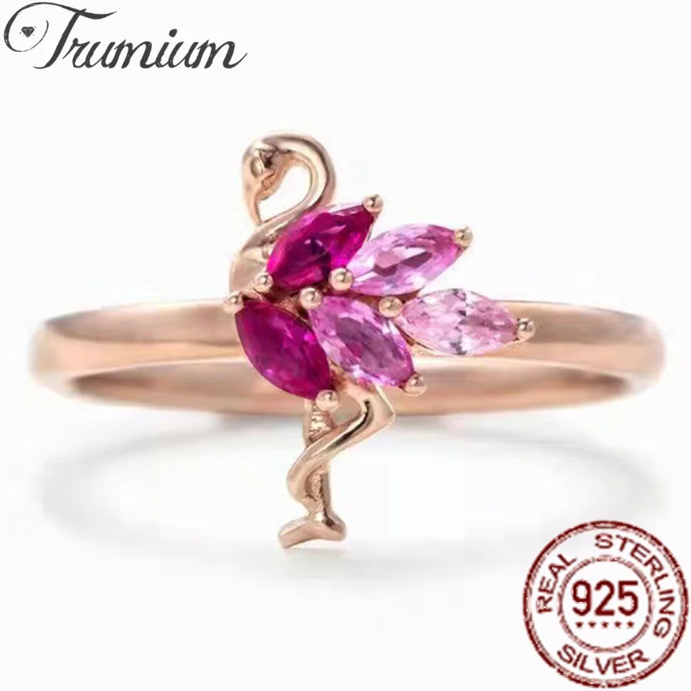 

Trumium Genuine 925 Sterling Silver Pink Flamingo Rings for Women Dainty Rose Gold Animal Fine Jewelry Girlfriend Lover Gifts