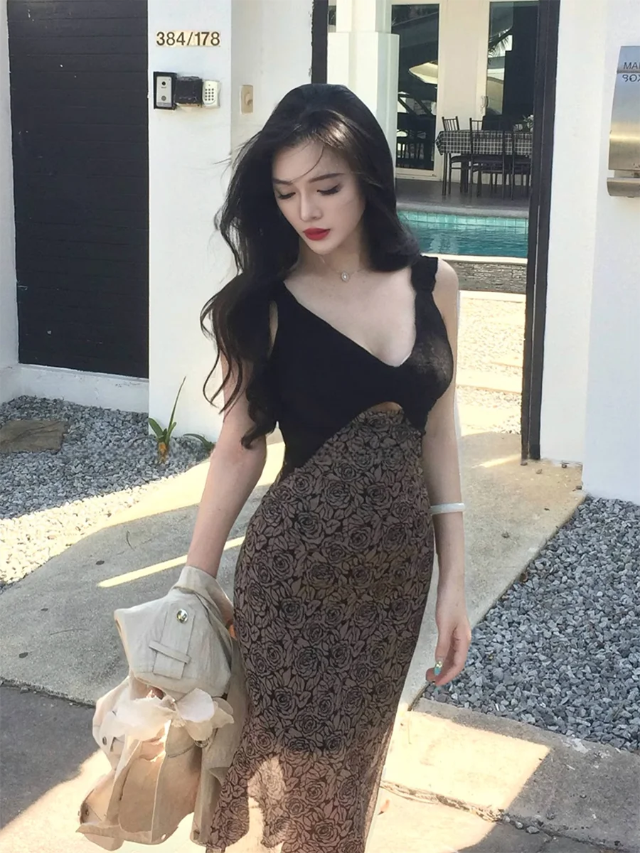 ReddaChic Sexy Vrouwen Stitch Kant Tank Jurk Romantische Rose Print V-hals Uitgesneden Bodycon Midi Lange Jurk Zomer Nacht Clubwear