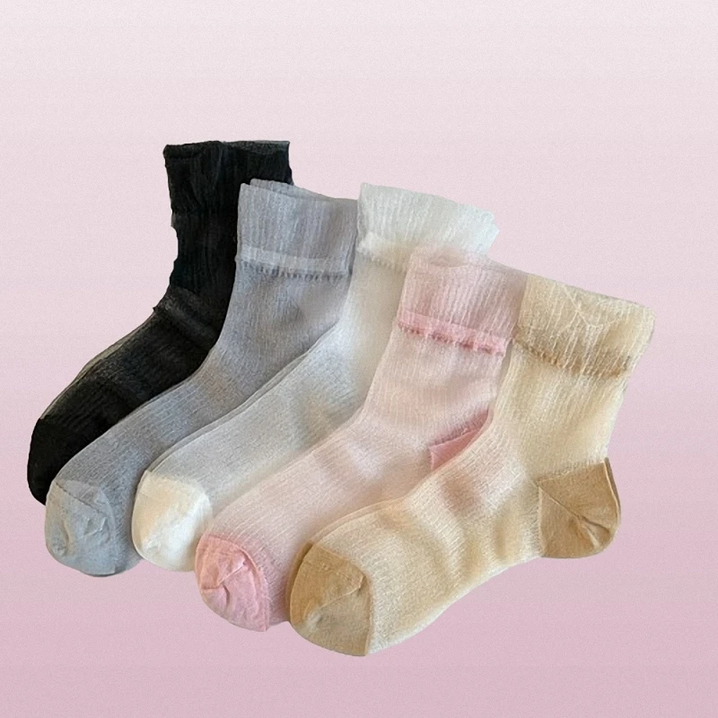 

2024 New 5/10 Pairs Thin Women's Socks Lace Mid-tube Socks Transparent Card Silk Princess Style Sweet Glass Silk Stockings