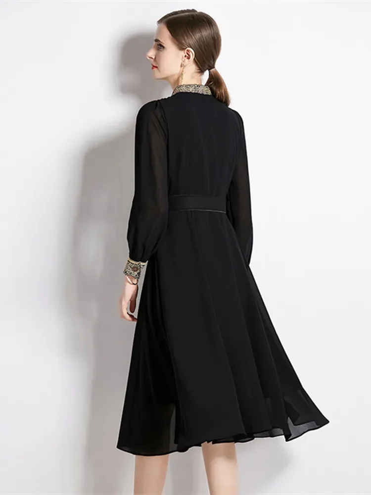 New Black Women Flower Embroidery Dress Long Lantern Sleeve Stand Collar Chiffon Smock Vintage High Waist Belted Midi Vestido