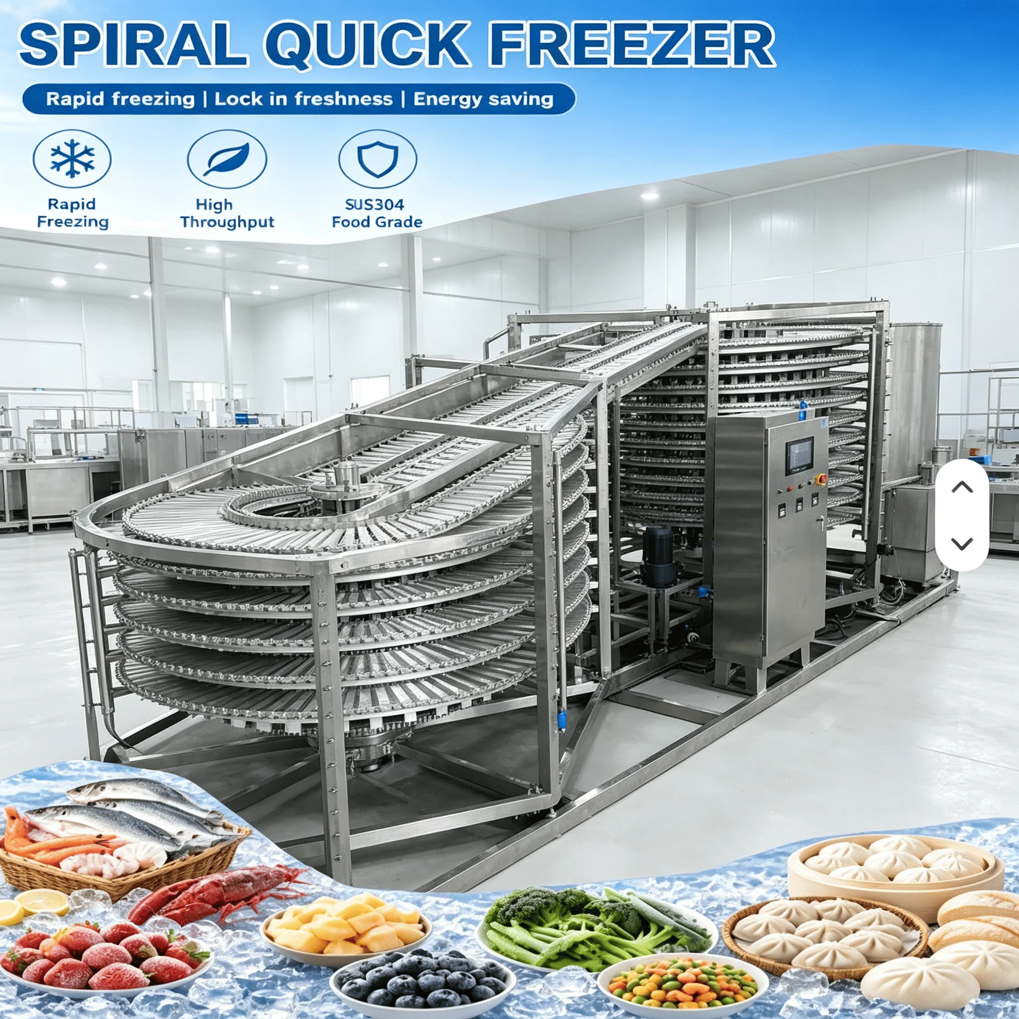 Spiral Freezer Industrial Conveyor Quick Freezer CE Certified Energy Saving for Seafood Processing Line Customized