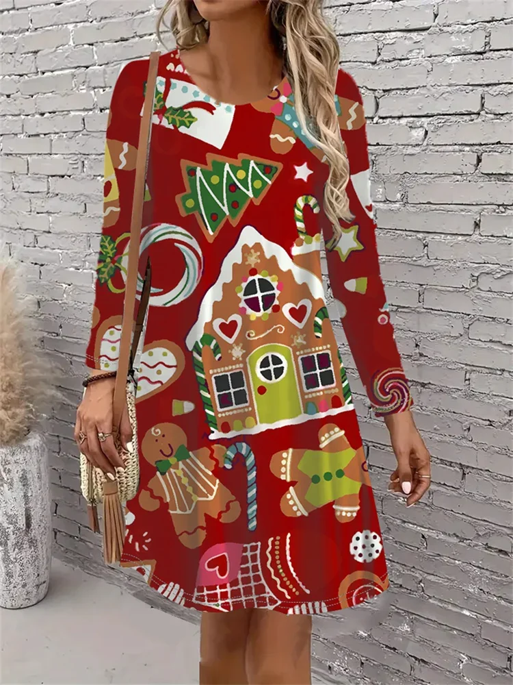 

Рождественская вечеринка, снеговик, лось, женское платье с мультяшным принтом, осенне-зимнее модное повседневное милое свободное женское вечернее платье с длинными рукавами