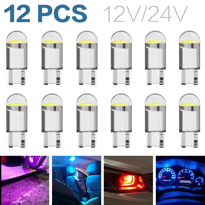 

Автомобильная лампа дневного света T10 W5W Canbus Glass COB 6000k, лампа для чтения, габаритный фонарь, лампочка для номерного знака 168 194 192 DC 12V, белый, синий, красный