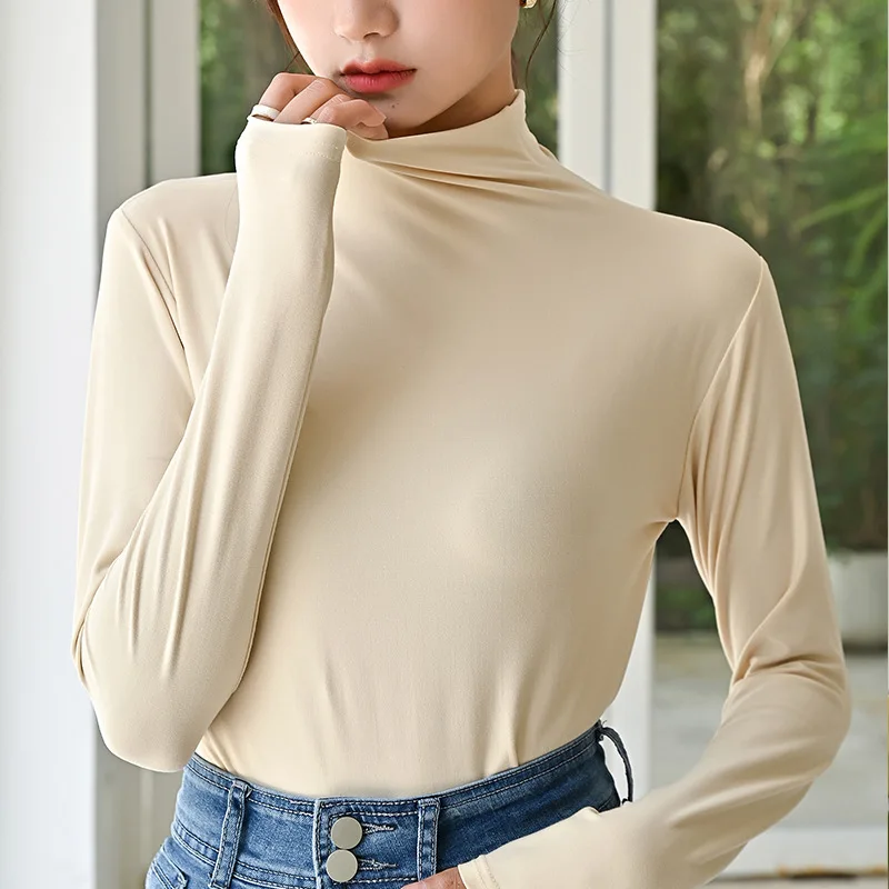 Women Mock Neck Pullover Tops Spring Soft Casual Solid Thin Women Long Sleeve Pullovers Female Slim Inner Tops