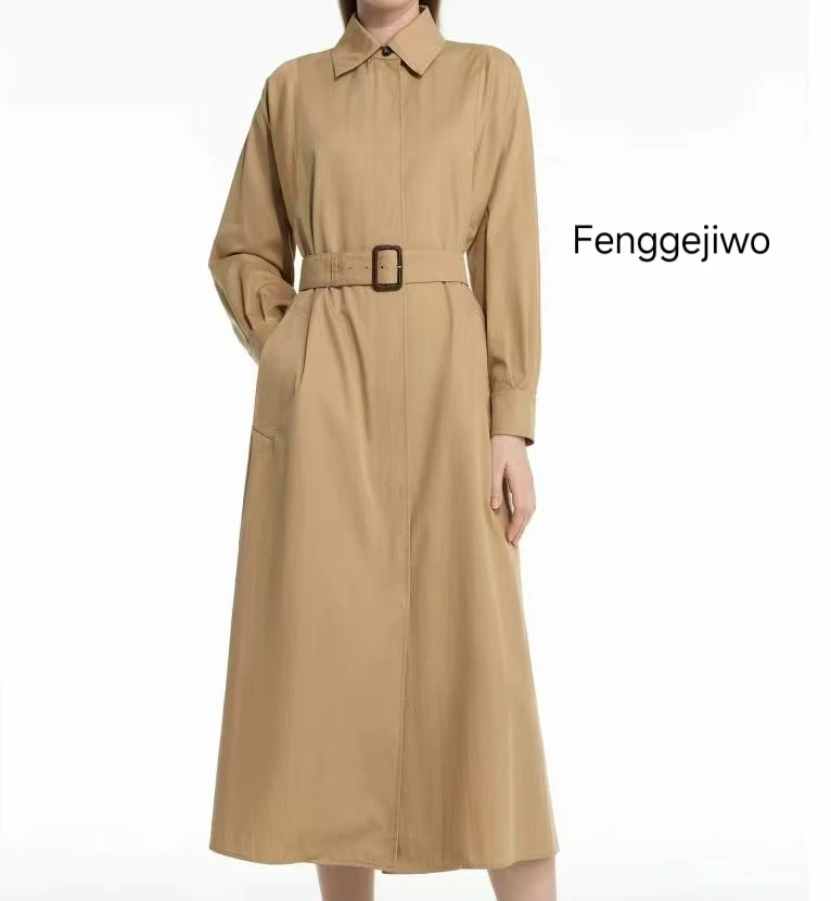 Fenggejiwo style dress, spring and summer women's shirt dress, lapel shirt dress, lace up mid length slim fit windbreaker