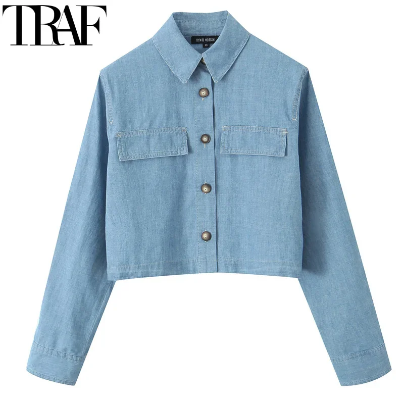 TRAF Crop Shirt Woman Summer Collar Long Sleeve Blouses For Women Stylish Cropped Button Up Shirt Youthful Economic Blouses