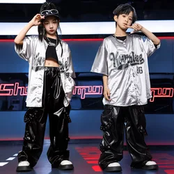 Chidren Summer Girls costume hip hop costume Grey short sleeve T-shirt Grey polyester pants 2 piece jazz dance set