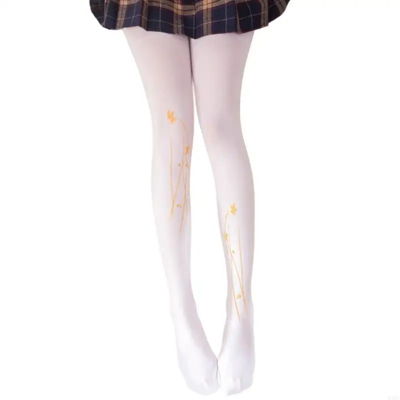 L5YC Soft Stretchy Tights Pantyhose 120D Opaque Tights,High Waist Pantyhose Gold Flower Footed Pantyhose Cosplay Tights