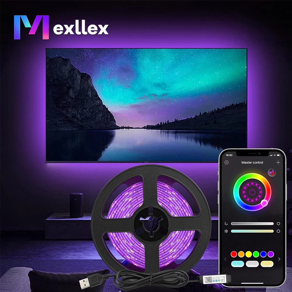 Mexllex 5V USB RGB5050 TV Led Strip Backlight, APP Control,16 Million Colors Flexible Ribbon for PC Laptop Room, Bedroom or Gift