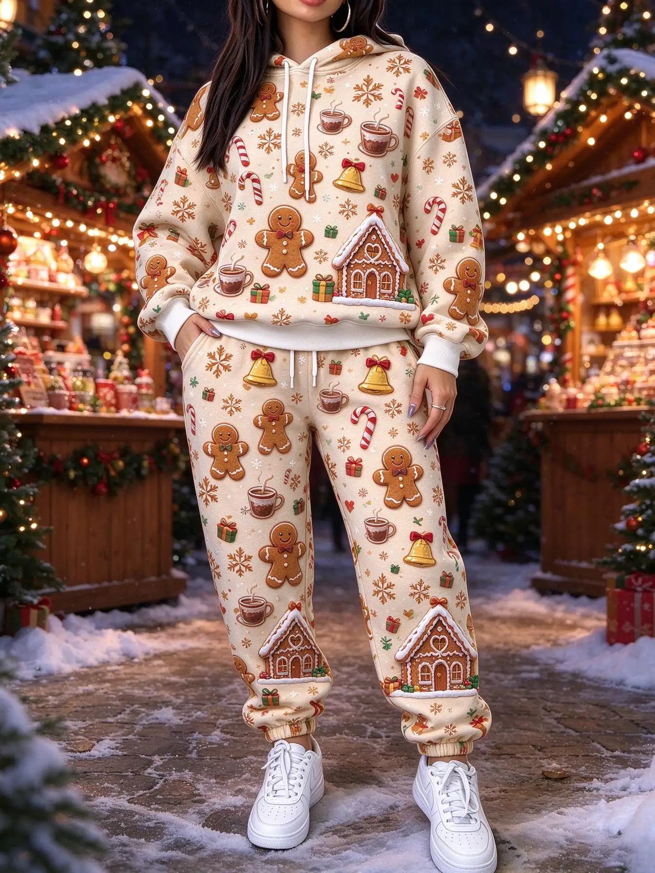 Women Christmas 2 Piece Tracksuit Reindeer Winter Cabin Print Hoodie & Jogger Pants Matching Set view 3