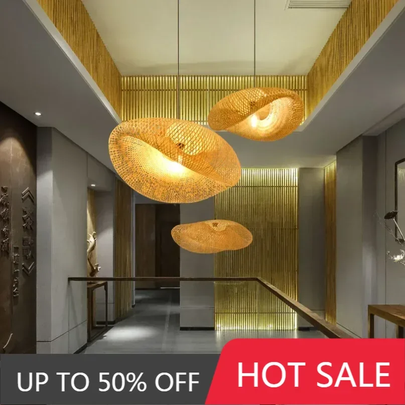 HandMade Vintage Bamboo Weaving LED Pendant Light Home Hanging Chandelier Lighting Living Room Kitchen Rattan Woven Lamp