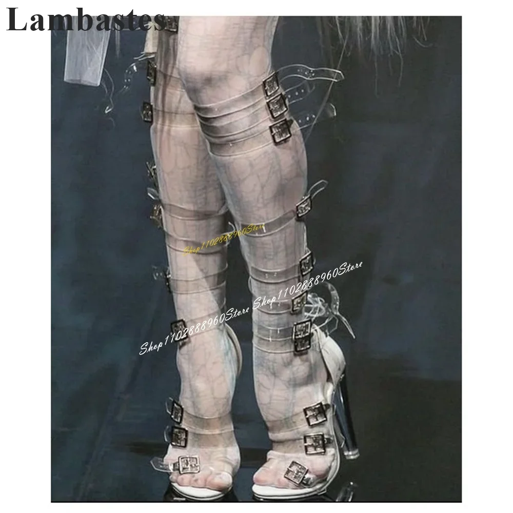 

Trending Knee High Clear PVC Buckle Strappy Sandals Thin High Heel Shoes For Women Open Toe 2024 Fashionable Zapatillas Mujer